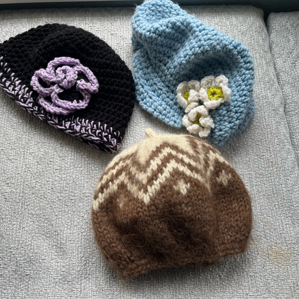Handmade Knit Hat Trio - Black, Blue, Brown
